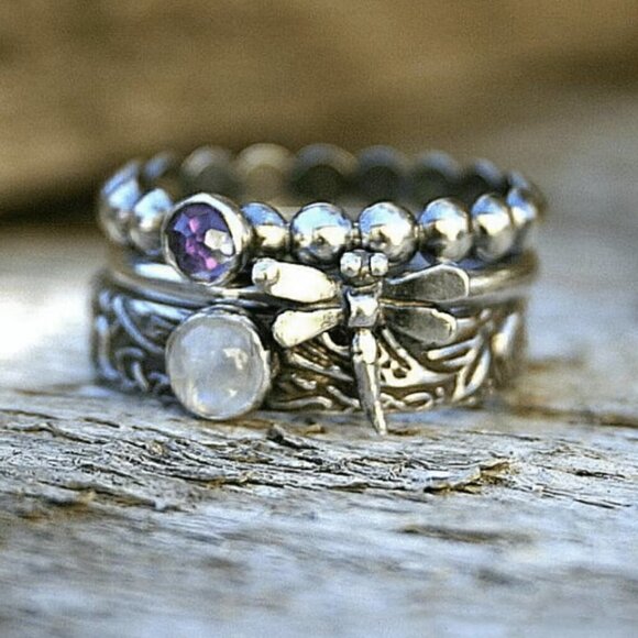 3 Layered Set Boho Dragonfly and Flower Stackable Ring #1119 - Picture 6 of 6